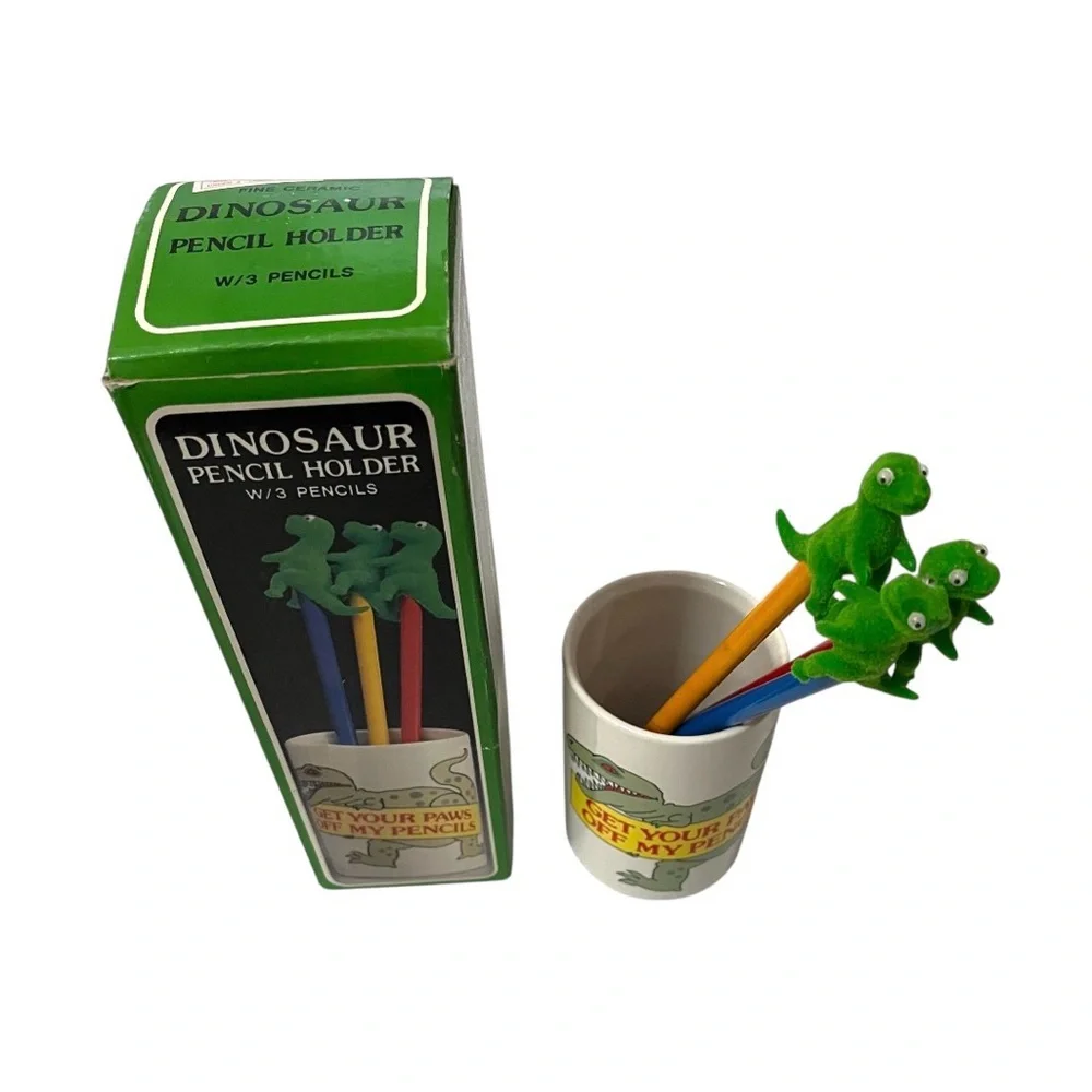 Vintage Dinosaur Pencil Set w/Ceramic Cup Holder & 3 Wooden Pencils w/ Toppers